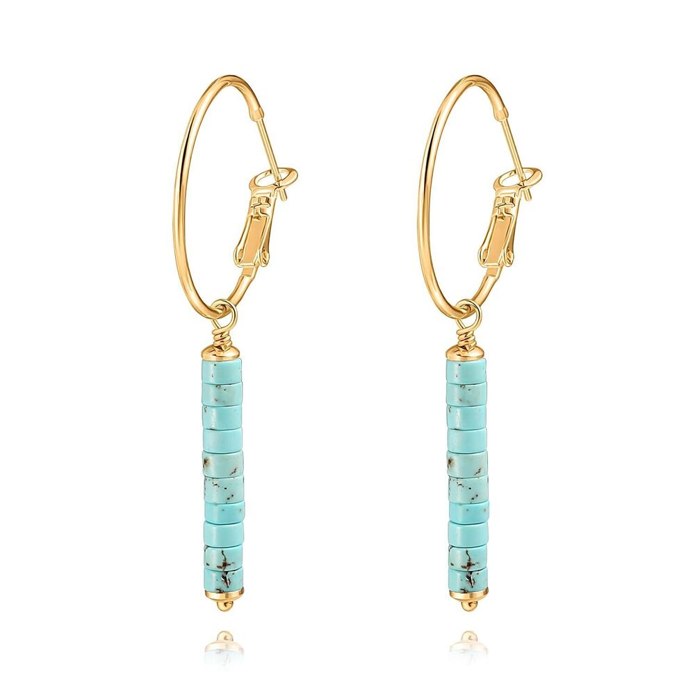 Gold Huggie Hoop Drop Dangle Earrings Turquoise Beads Gemstone Earrings